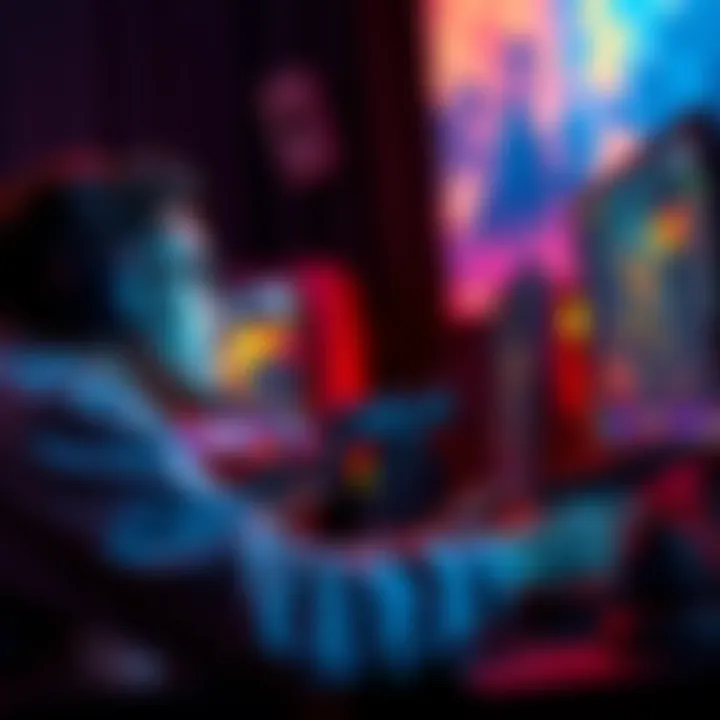 A player enjoying a first-person shooter game on a computer, with a relaxed expression and colorful graphics on the screen.