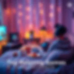 Relaxing Game Scene A cozy gaming setup with a person playing a relaxing game on a console, surrounded by soft lighting and snacks, conveying a peaceful atmosphere.