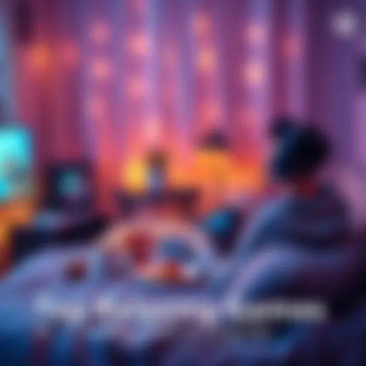 Relaxing Game Scene A cozy gaming setup with a person playing a relaxing game on a console, surrounded by soft lighting and snacks, conveying a peaceful atmosphere.