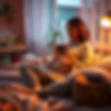 Relaxing Game Time A cozy scene with a pregnant woman playing video games on a Nintendo Switch, with a soft blanket and snacks nearby.