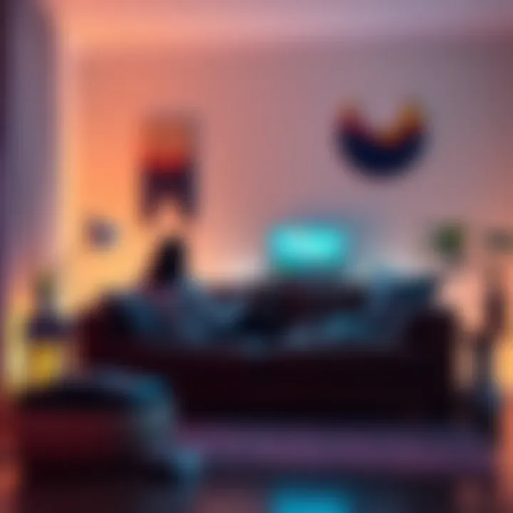 A cozy gaming setup with a person sitting comfortably on a couch, playing a low-skill game on a console with a calm atmosphere.