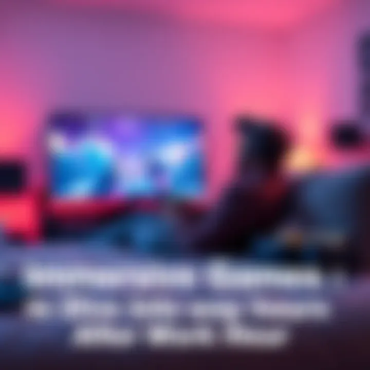 A person sitting on a cozy couch, playing an immersive video game on a large screen, surrounded by soft lighting and snacks, looking engaged and happy.