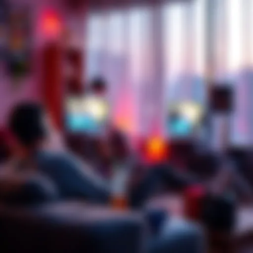 Cozy evening scene with a person playing games on a couch, drinks and music in the background