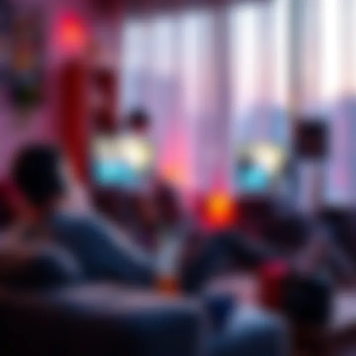 Relaxing games setup Cozy evening scene with a person playing games on a couch, drinks and music in the background