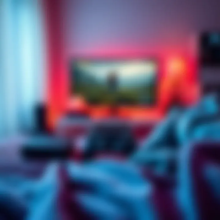 A cozy gaming setup showing a console, controller, and a peaceful game on the screen, surrounded by soft lighting and a comfy blanket.