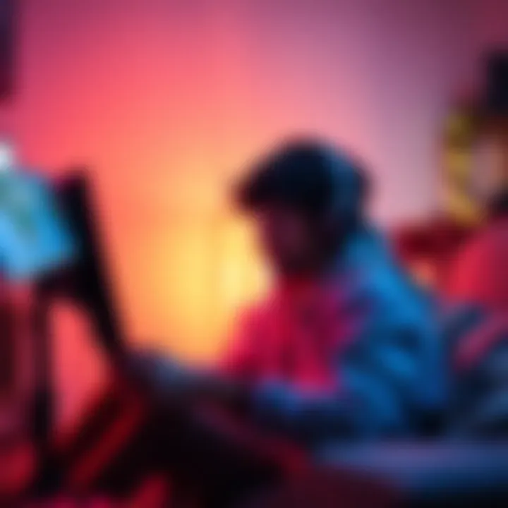 A peaceful scene showing a person gaming with headphones, surrounded by soft lighting and a cozy atmosphere.