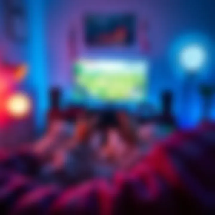 A person sitting comfortably with a game controller, enjoying a light-hearted video game on their screen, surrounded by a cozy gaming setup.
