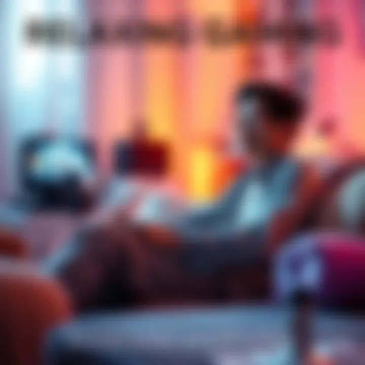 A person sitting comfortably in a cozy room, playing a soothing video game on a console with a calm expression, surrounded by soft lighting and calming decor.