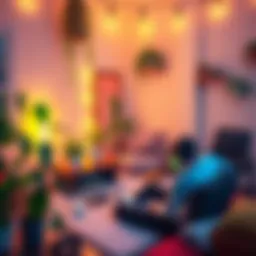 A cozy gaming setup with soft lighting and a person comfortably playing a game on a laptop, surrounded by plants and snacks, illustrating a peaceful environment for gamers prone to motion sickness.