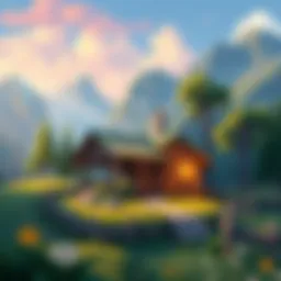 Relaxing gaming scene A serene landscape with a cozy cabin surrounded by nature, perfect for relaxing gameplay.
