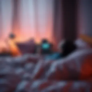 Relaxing gaming scene A cozy bedroom with a person playing a soothing video game on a console, surrounded by soft lighting and comfortable pillows, creating a calming atmosphere for sleep