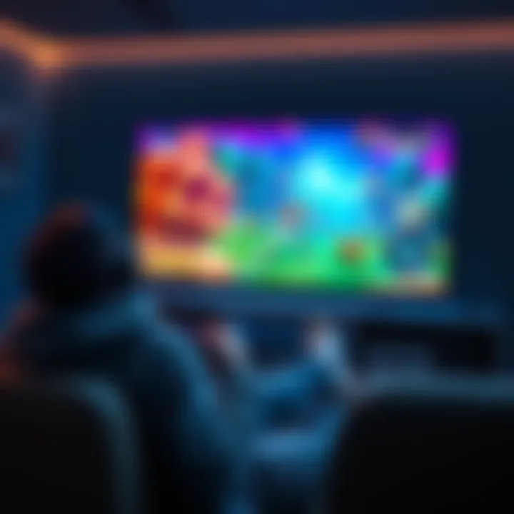 A person sitting on a couch with a PS5 controller in hand, enjoying a captivating game on a large TV screen.