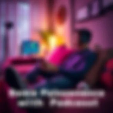 A person playing a video game on a comfortable couch with headphones, listening to a podcast, surrounded by soft lighting and cozy decor.