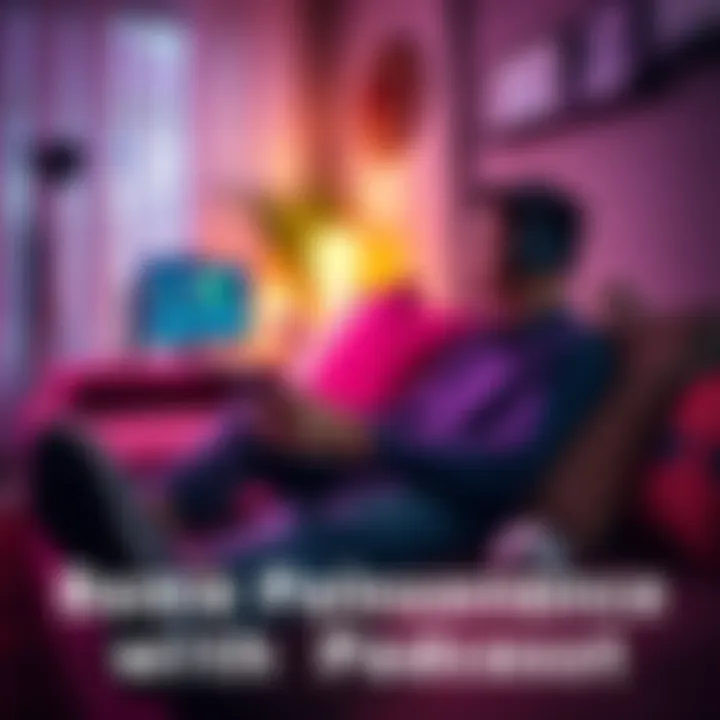 A person playing a video game on a comfortable couch with headphones, listening to a podcast, surrounded by soft lighting and cozy decor.