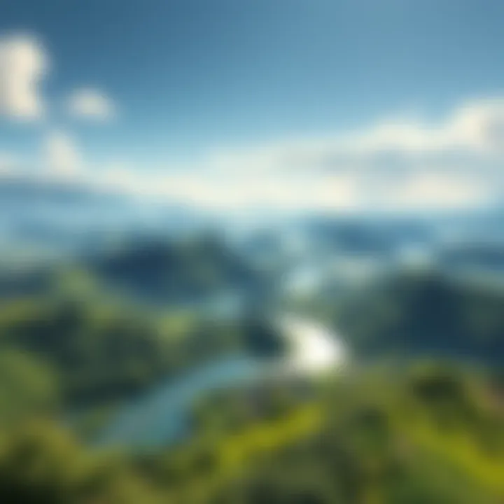 A serene scene of a lush green landscape with a winding river and distant mountains, perfect for relaxing exploration while listening to audio content.