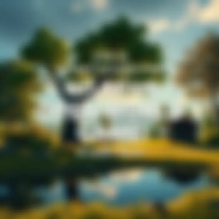 A peaceful open world game setting with lush greenery, a cozy cabin, and a calm lake, showcasing exploration and crafting elements.