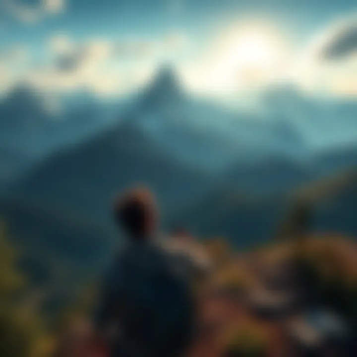 A person relaxing while exploring a vast, open gaming environment with mountains and forests.