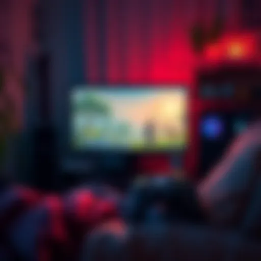 A cozy gaming setup with a peaceful game on the screen, featuring gentle graphics and soft lighting, perfect for unwinding after tough challenges.