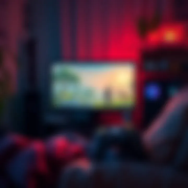 A cozy gaming setup with a peaceful game on the screen, featuring gentle graphics and soft lighting, perfect for unwinding after tough challenges.