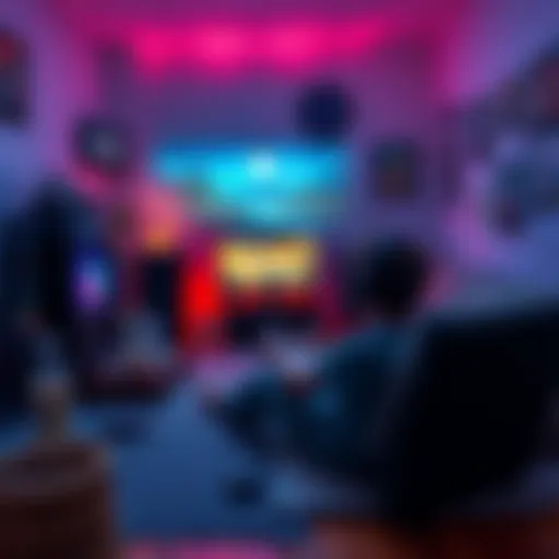 A cozy gaming setup showing a person playing a low-stress PC game, surrounded by snacks and drinks for relaxation.