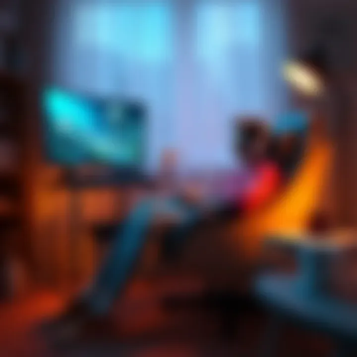 A person sitting comfortably in a cozy chair playing a PC game with a calm atmosphere, surrounded by soft lighting and a cup of tea.