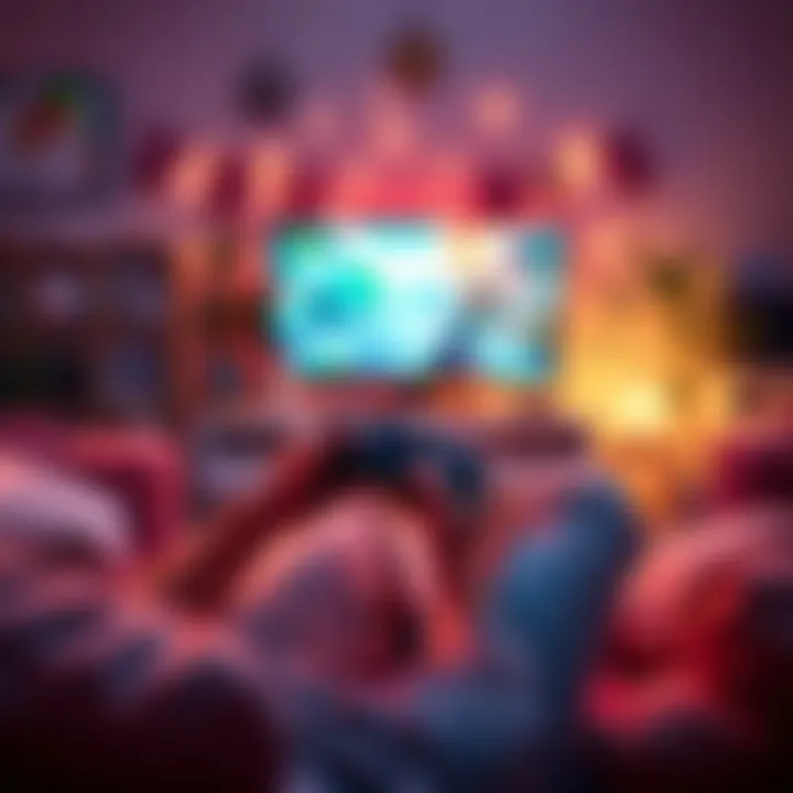 Relaxing Single Player FPS Gaming A person sitting on a couch with a controller in hand, enjoying a colorful single-player FPS game on a screen, surrounded by snacks and a cozy atmosphere.