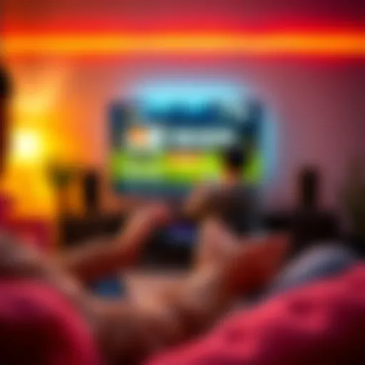 A person playing a turn-based game on a gaming console while watching YouTube on a TV in the background.