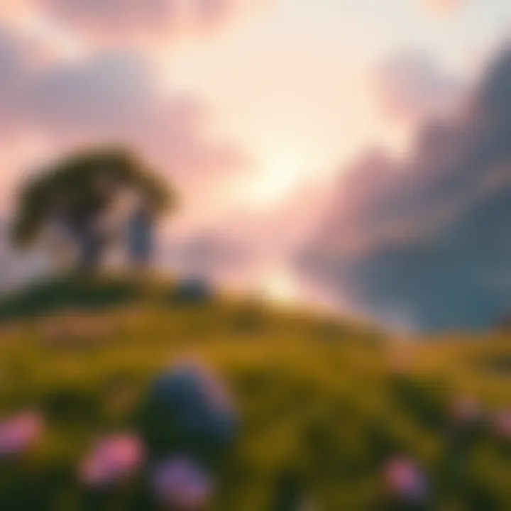 A soothing video game environment with a peaceful character at a save point, surrounded by a tranquil landscape