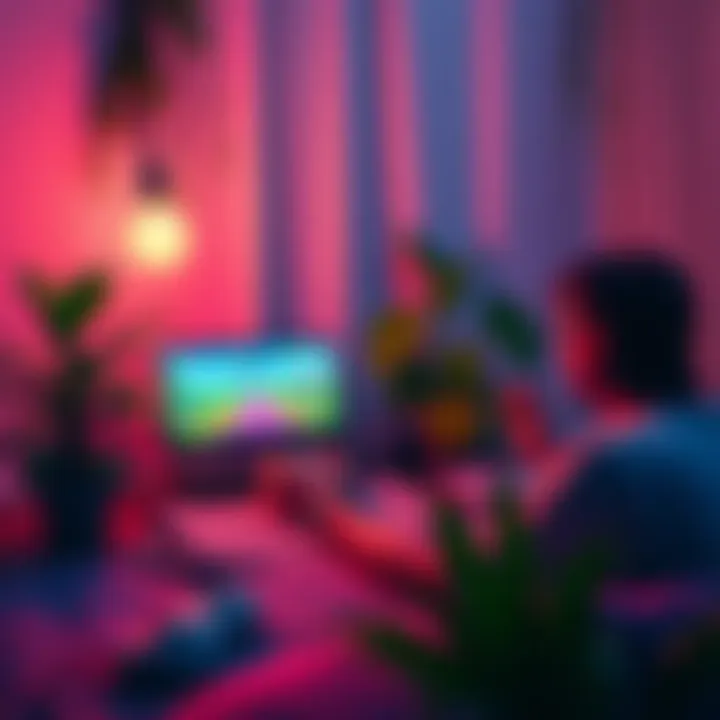 A cozy gaming setup with a person playing a relaxing video game on a laptop, surrounded by soft lighting and plants.