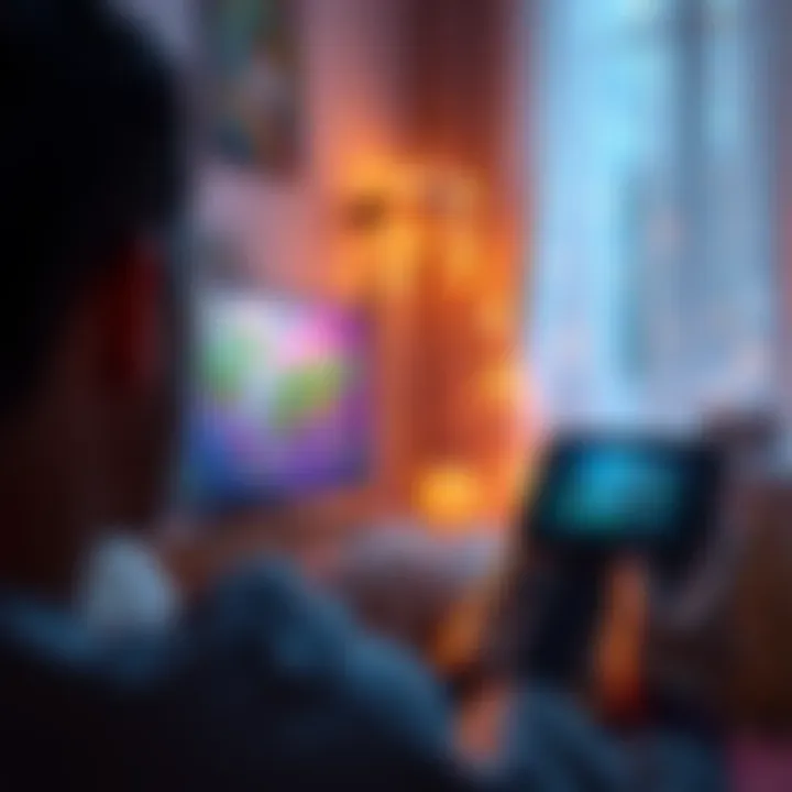 A person playing a calming video game on a Nintendo Switch, surrounded by soft lighting and a cozy atmosphere, promoting relaxation before sleep.