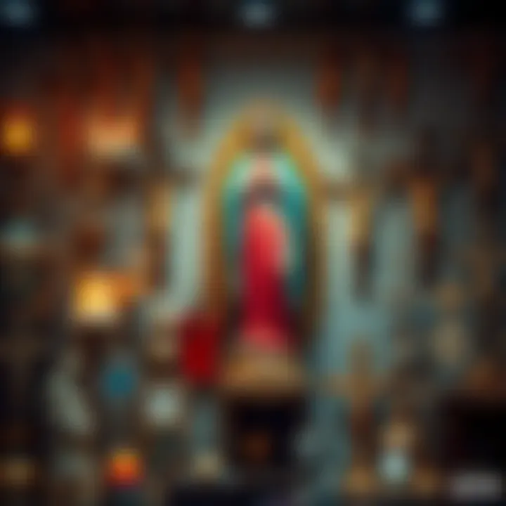 A collection of religious artifacts including a statue of Our Lady of Guadalupe, crosses, and other symbols representing faith and spirituality.