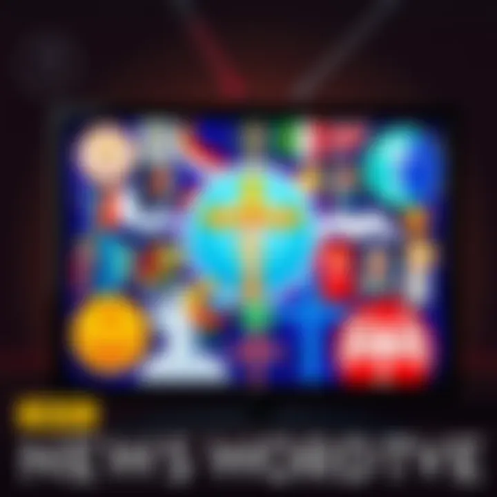 A collage of diverse religious symbols representing different faiths, set against a backdrop of a TV screen displaying popular shows.