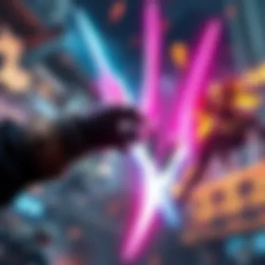 Two glowing twin blades held by a character, showcasing their sleek design and vibrant colors, with a dynamic battle scene in the background