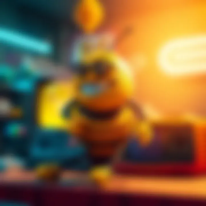 A vibrant scene depicting a bee character from Buck Bumble with a retro gaming console in the background, symbolizing the remastering of the classic game.