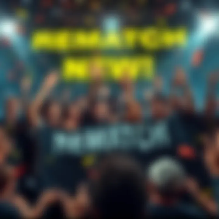 A group of excited fans celebrating the sale of REMATCH surpassing one million units, with banners and confetti.