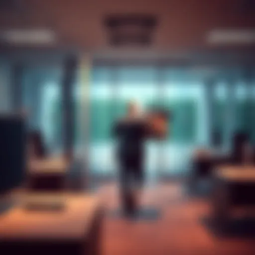 A corporate office scene showing a person leaving with a box of personal items, representing the resignation of the CEO at Remedy