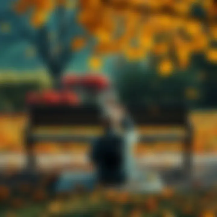 Remembering a Friend A person sitting alone on a park bench, looking at a photo of a friend, surrounded by autumn leaves.