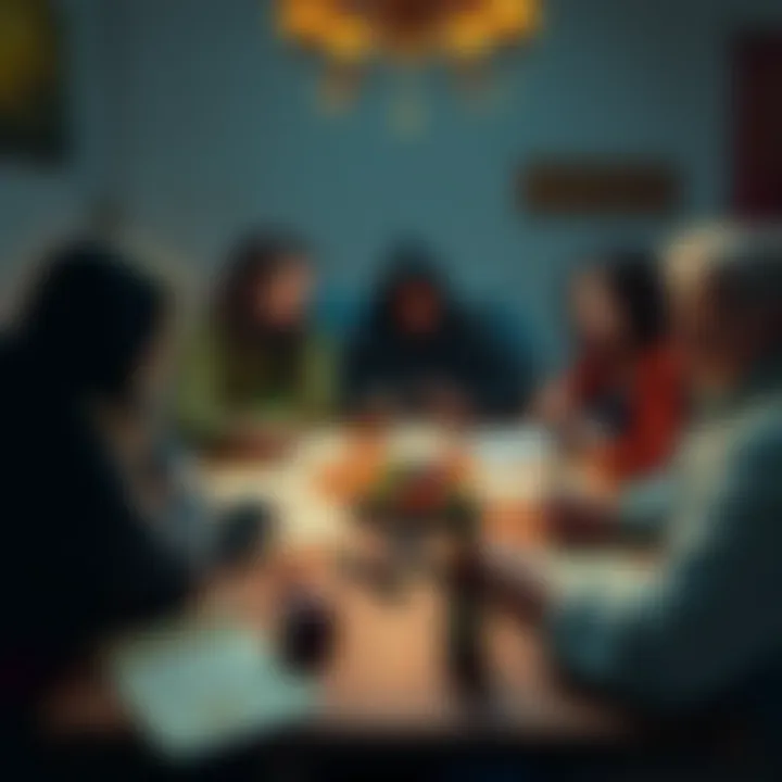 A group of friends gathered around a table, playing D&D in memory of their fallen friend, with character sheets and dice scattered.