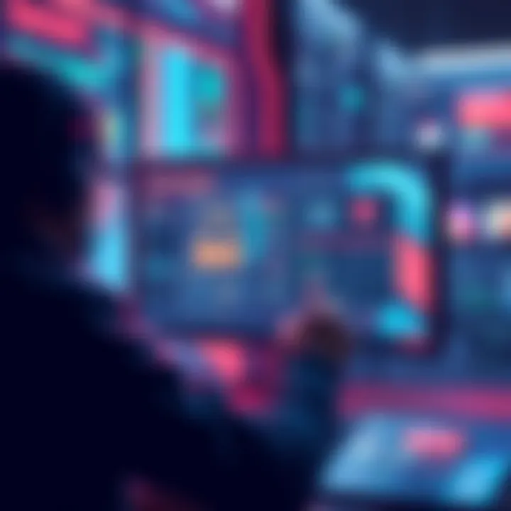 A digital illustration showing a user engaging with a screen that displays a hacking interface, with mini-games and resources visible on the screen, symbolizing a focus network environment.