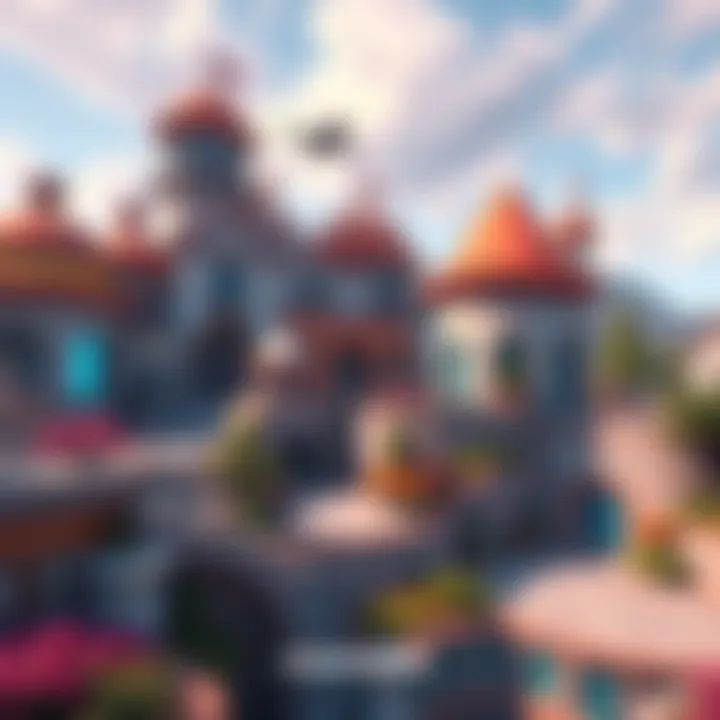 A visually striking scene from an Overwatch map featuring colorful architecture and vibrant landscaping.