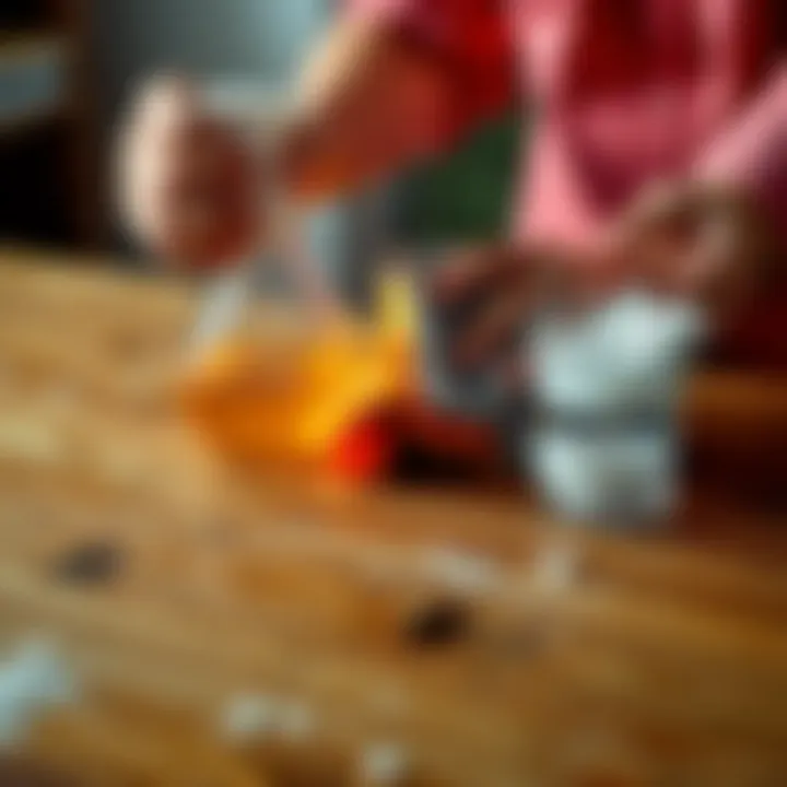 A person using a cleaning solution and cloth to remove a giant scratch mark from a wooden table