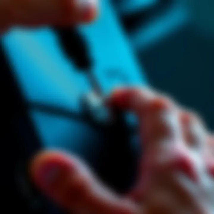 A person using a screwdriver to remove a stripped SSD screw from a PS5 console.