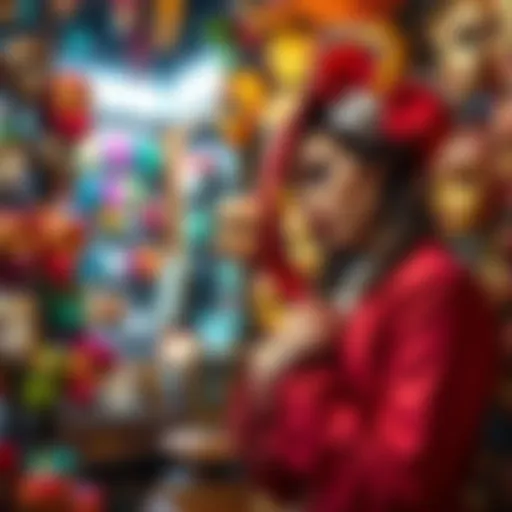 A charming Venetian mask store showcasing colorful masks, with Rennala examining one of the masks.