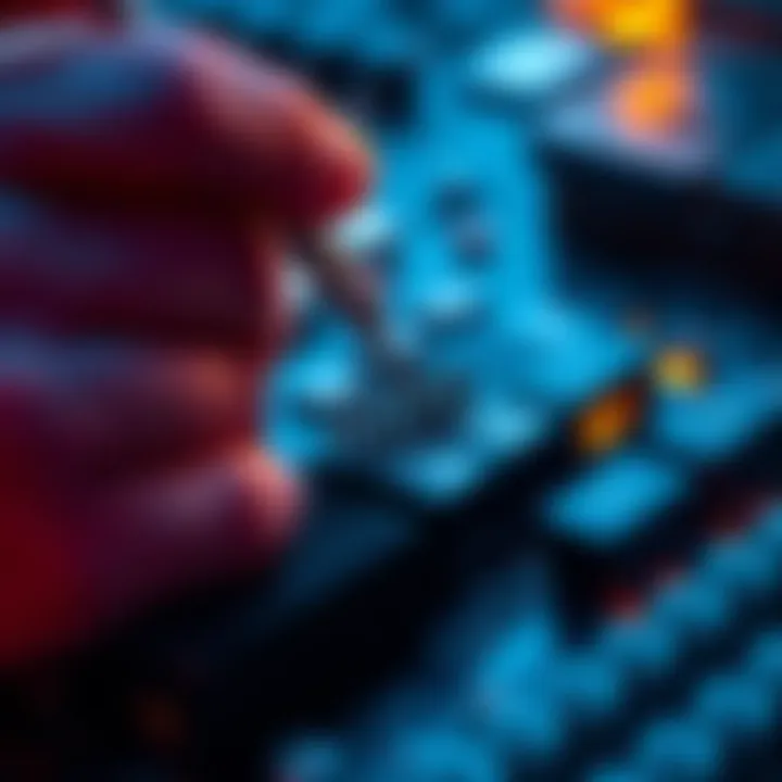A person carefully straightening bent PCIe pins on a graphics card using small tools