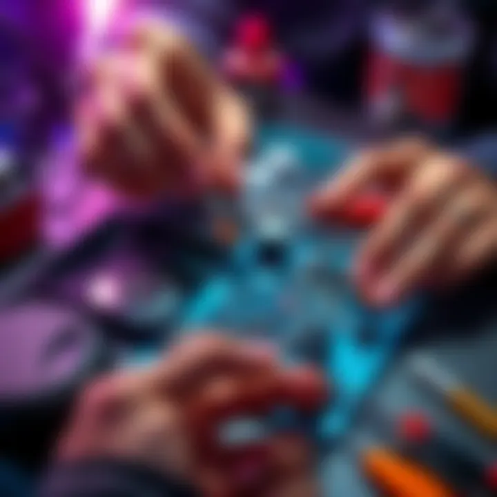 A person using a desoldering station to fix a DualSense controller with opened casing and tools nearby.