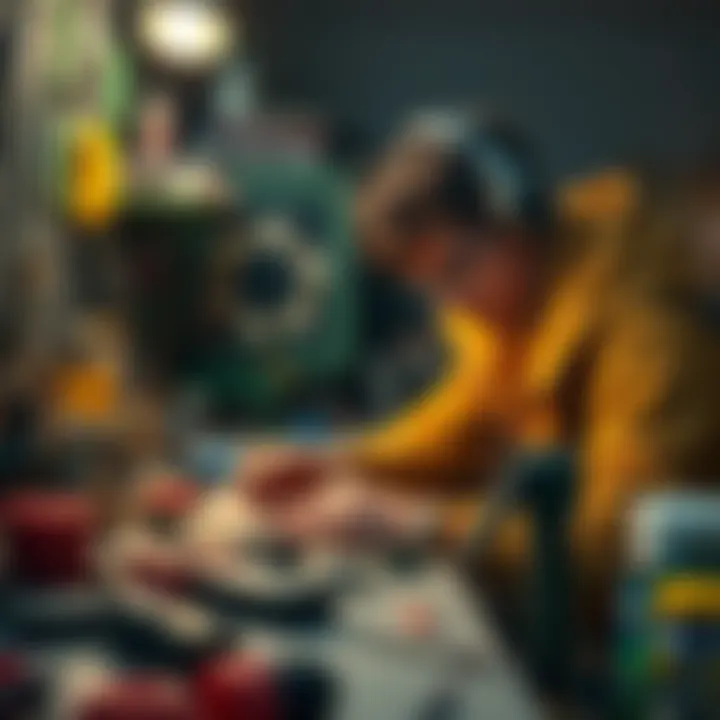 A gamer repairing gear at a crafting station, focused on the task with tools and materials around