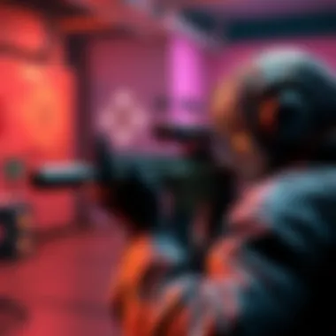 A character aiming a repeater weapon in a gaming environment, showing focus and intensity, with targets in the background.