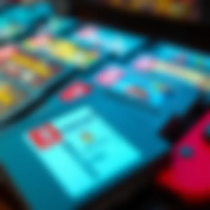 A close-up of several Nintendo Switch game cartridges with replacement labels, including one for Mario Kart 8 Deluxe on display.