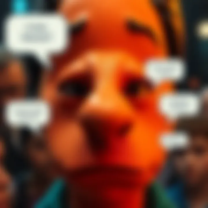 Close-up view of a character's nose with distinct features suggesting innies and outies, surrounded by discussion text bubbles from people debating the design.