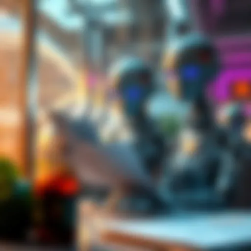 Replikas examining documents related to their dietary habits and basic needs in a futuristic setting